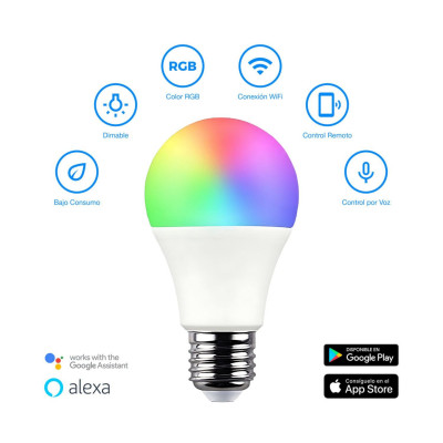 Bombilla LED Estándar Smart WiFi E27 10W Equi.60W 806lm RGBWW Regulable vía Smartphone/APP 25000H 7hSevenOn Premium Bombillas In