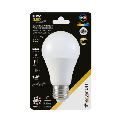 Bombilla LED Estándar Smart WiFi E27 10W Equi.60W 806lm RGBWW Regulable vía Smartphone/APP 25000H 7hSevenOn Premium Bombillas In