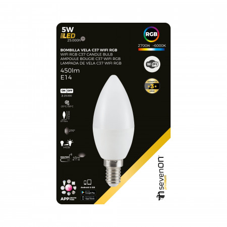 Pack 3 Bombillas LED Vela Smart WiFi E14 5W Equi.35W 450lm RGBWW Regulable vía Smartphone/APP 25000H 7hSevenOn Premium Bombillas Pack 3 Bombillas LED Vela Smart WiFi E14 5W Equi.35W 450lm RGBWW Regulable vía Smartphone/APP 25000H 7hSevenOn Premium Bombillas
