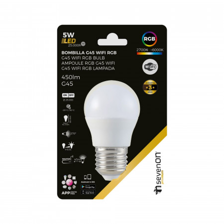 Bombilla LED Esférica Smart WiFi E27 5W Equi.35W 450lm RGBWW Regulable vía Smartphone/APP 25000H 7hSevenOn Premium Bombillas Int Bombilla LED Esférica Smart WiFi E27 5W Equi.35W 450lm RGBWW Regulable vía Smartphone/APP 25000H 7hSevenOn Premium Bombillas Int