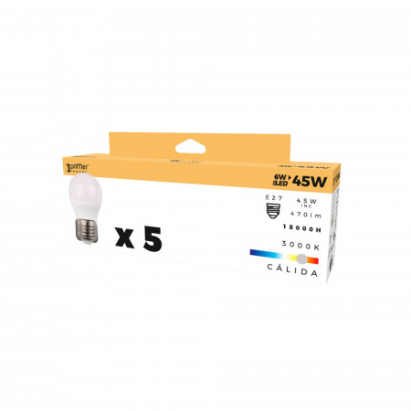 Pack 5 Bombillas LED Esférica E27 6W Equi.40W 470lm 15000H Primer Leader Bombillas LED 4 Pack 5 Bombillas LED Esférica E27 6W Equi.40W 470lm 15000H Primer Leader Bombillas LED 4