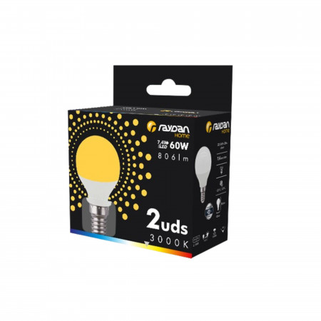 Pack 2 Bombillas LED Esférica E14 7,4W Equi.60W 806lm 15000H Raydan Home Bombillas LED 4 Pack 2 Bombillas LED Esférica E14 7,4W Equi.60W 806lm 15000H Raydan Home Bombillas LED 4
