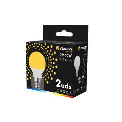 Pack 2 Bombillas LED Esférica E14 7,4W Equi.60W 806lm 15000H Raydan Home Bombillas LED 4