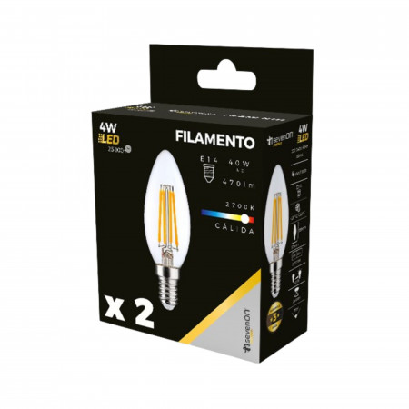 Pack 2 Bombillas LED Filamento Vela E14 4W Equi.40W 470lm 2700K 25000H 7hSevenOn Premium Bombillas LED 4 Pack 2 Bombillas LED Filamento Vela E14 4W Equi.40W 470lm 2700K 25000H 7hSevenOn Premium Bombillas LED 4