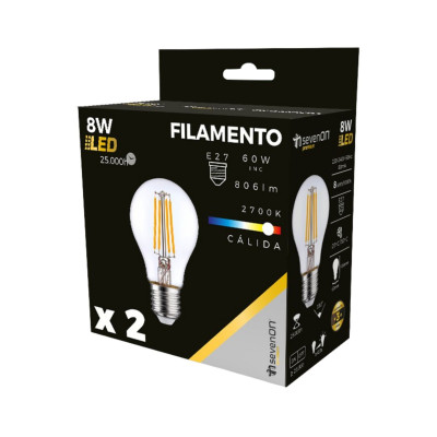 Pack 2 Bombillas LED Filamento Estándar E27 8W Equi.60W 806lm 2700K 25000H 7hSevenOn Premium Bombillas LED 4