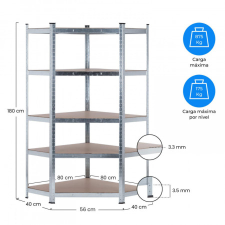 Estantería Esquinera Modular 5 Baldas Ajustables 180x80x40x56cm 875Kg Thinia Home Estanterías 6 Estantería Esquinera Modular 5 Baldas Ajustables 180x80x40x56cm 875Kg Thinia Home Estanterías 6