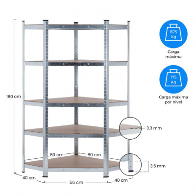 Estantería Esquinera Modular 5 Baldas Ajustables 180x80x40x56cm 875Kg Thinia Home Estanterías 6