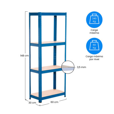 Estantería Metálica Azul con 4 Baldas Ajustables 148x60x30cm 240Kg 7house Estanterías 4
