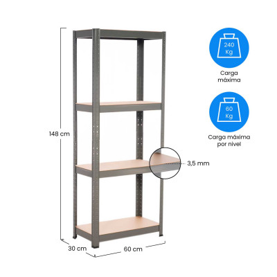 Estantería Metálica con 4 Baldas Ajustables 148x60x30cm 240Kg Thinia Home Estanterías 19
