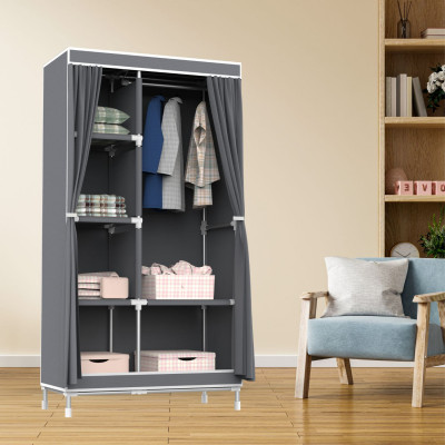 Armario Ropero de Tela Doble con Cortinas Correderas Blanco/Gris 90x43x168cm Thinia Home Armarios 4