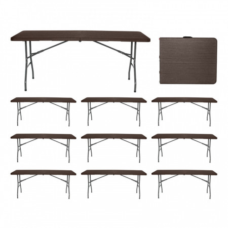 MegaPack 10 Mesas Plegables Portátiles Resina 180cm Marrón Efecto Madera Thinia Home Mesas Plegables 1