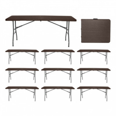 MegaPack 10 Mesas Plegables Portátiles Resina 180cm Marrón Efecto Madera Thinia Home Mesas Plegables 1