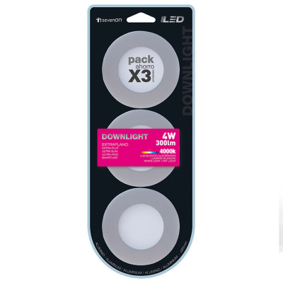 Pack 3 Mini Downlight LED Ultraslim Empotrable Redondo 4W 300lm Ø7cm 4000K Aluminio 7hSevenOn Downlight Empotrable 4