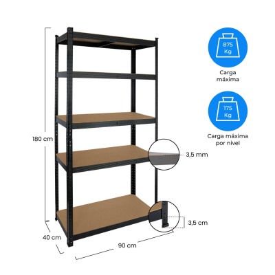 MegaPack 10 Estanterías Modulares Negras con 5 Baldas Ajustables 180x90x40cm 875Kg 7house Estanterías 6
