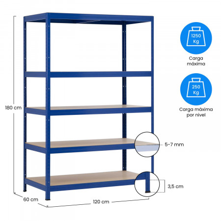 Estantería Modular Azul con 5 Baldas Ajustables 180x120x60cm 1250Kg 7house Estanterías 6