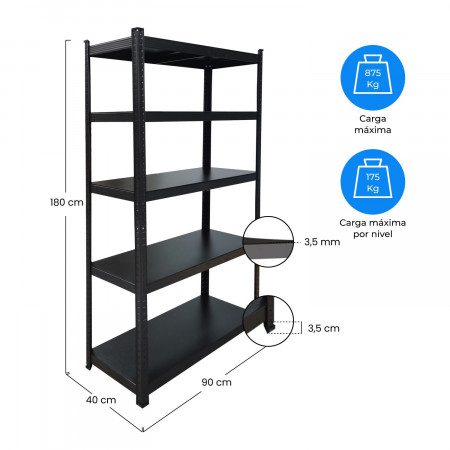 Estantería Modular Negra 5 Baldas Ajustables 180x90x40cm 875Kg 7house Estanterías 6 Estantería Modular Negra 5 Baldas Ajustables 180x90x40cm 875Kg 7house Estanterías 6