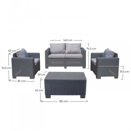 Conjunto de Jardín Mesa Rectangular, 1 Sofá y 2 Sillones con Cojines Menorca Antracita 7house Conjuntos de Sofás y Mesas Bajas 6