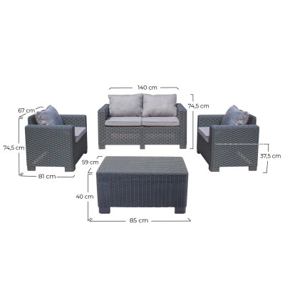 Conjunto de Jardín Mesa Rectangular, 1 Sofá y 2 Sillones con Cojines Menorca Antracita 7house Conjuntos de Sofás y Mesas Bajas 6